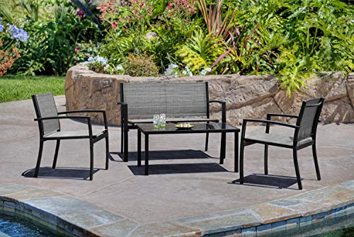 Tuoze 4 Pieces Outdoor Patio Furniture Set Conversation Set with Glass Coffee Table Bistro Set with Loveseat Garden Yard Lawn and Balcony (Grey)