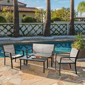 Tuoze 4 Pieces Outdoor Patio Furniture Set Conversation Set with Glass Coffee Table Bistro Set with Loveseat Garden Yard Lawn and Balcony (Grey)