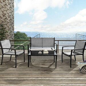 Tuoze 4 Pieces Outdoor Patio Furniture Set Conversation Set with Glass Coffee Table Bistro Set with Loveseat Garden Yard Lawn and Balcony (Grey)