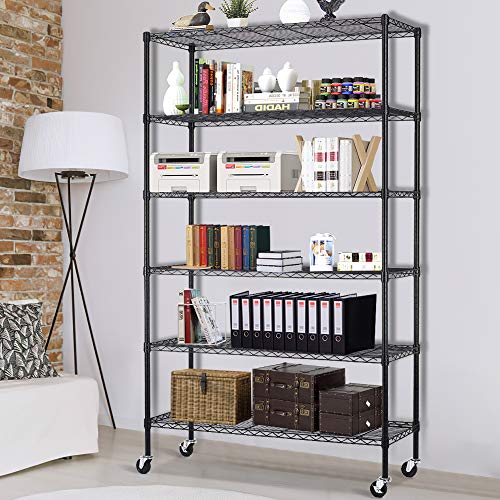 6 Tier Wire Shelving Storage Metal Shelf Standing Shelf Units NSF Shelf Height Adjustable Garage Shelving 48"x18"x82" with Wheels/Feet Levelers 2100lbs Capacity Commercial Shelving, Black