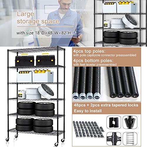 6 Tier Wire Shelving Storage Metal Shelf Standing Shelf Units NSF Shelf Height Adjustable Garage Shelving 48"x18"x82" with Wheels/Feet Levelers 2100lbs Capacity Commercial Shelving, Black