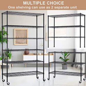 6 Tier Wire Shelving Storage Metal Shelf Standing Shelf Units NSF Shelf Height Adjustable Garage Shelving 48"x18"x82" with Wheels/Feet Levelers 2100lbs Capacity Commercial Shelving, Black