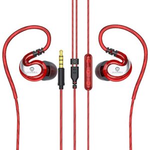jaamira sports wired earbuds over ear headphones with microphone -comfortable in ear ear buds for kids &adults -noise isolation earphones 3.5mm jack for phone iphone computer runing workout gym red