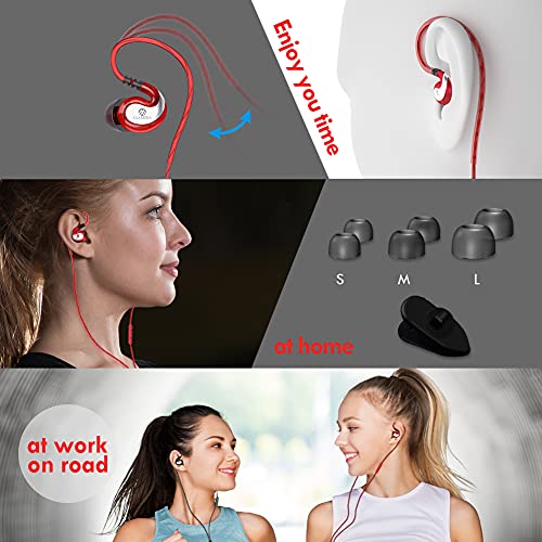 JAAMIRA Sports Wired Earbuds Over Ear Headphones with Microphone -Comfortable in Ear Ear Buds for Kids &Adults -Noise Isolation Earphones 3.5mm Jack for Phone iPhone Computer Runing Workout Gym Red