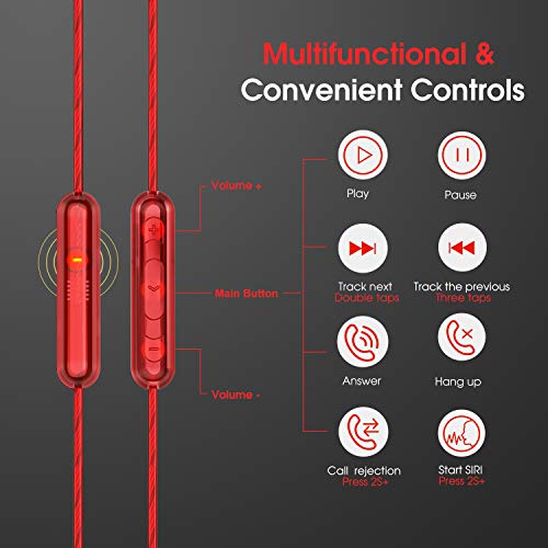 JAAMIRA Sports Wired Earbuds Over Ear Headphones with Microphone -Comfortable in Ear Ear Buds for Kids &Adults -Noise Isolation Earphones 3.5mm Jack for Phone iPhone Computer Runing Workout Gym Red