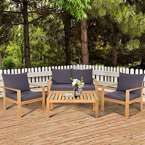 HAPPYGRILL 4-Piece Patio Furniture Set Outdoor Conversation Sofa Table Set with Cushions, Acacia Wood Chairs & Coffee Table Set for Garden Backyard Poolside