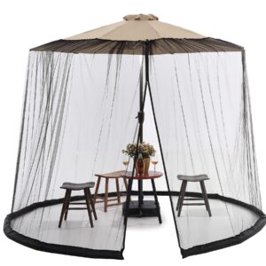 7.5-11 FT Patio Umbrella Mosquito Net, Polyester Mesh Umbrella Screen, Universal Canopy Umbrella Mosquito Netting with Zipper Door and Adjustable Rope, Fit Outdoor Umbrellas and Patio Tables