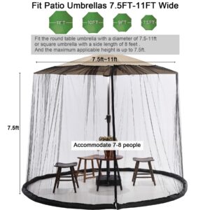 7.5-11 FT Patio Umbrella Mosquito Net, Polyester Mesh Umbrella Screen, Universal Canopy Umbrella Mosquito Netting with Zipper Door and Adjustable Rope, Fit Outdoor Umbrellas and Patio Tables