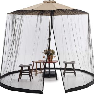 7.5-11 FT Patio Umbrella Mosquito Net, Polyester Mesh Umbrella Screen, Universal Canopy Umbrella Mosquito Netting with Zipper Door and Adjustable Rope, Fit Outdoor Umbrellas and Patio Tables