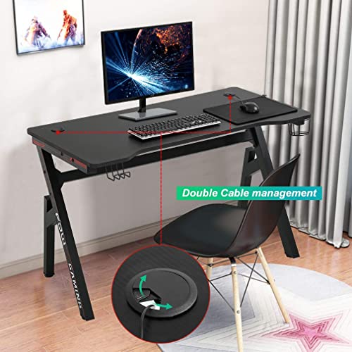 Gaming Computer Desk Home Office Desk Extra Large Modern Ergonomic Black PC Carbon Fiber Writing Desk Table with Cup Holder Headphone Hook
