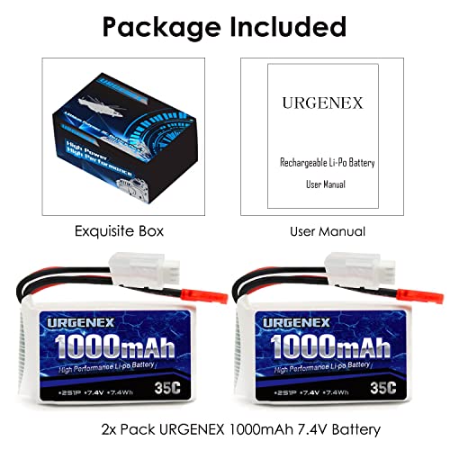 URGENEX 7.4V Lipo Battery 1000mAh 2S Li-Po Battery 35C with JST Plug RC Batteries Fit for WLtoys Rc Cars A949 A959 A969 A979 K929 and Most 1/10, 1/16, 1/18, 1/24 Scale RC Cars Remote Control Cars