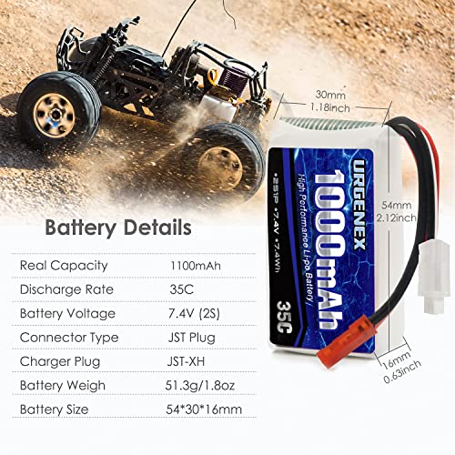 URGENEX 7.4V Lipo Battery 1000mAh 2S Li-Po Battery 35C with JST Plug RC Batteries Fit for WLtoys Rc Cars A949 A959 A969 A979 K929 and Most 1/10, 1/16, 1/18, 1/24 Scale RC Cars Remote Control Cars