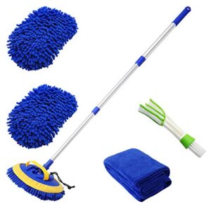 2 in 1 microfiber car wash mop mitt with 45" aluminum alloy long handle,chenille car cleaning kit brush duster with scratch free for washing car/truck/rv,2 mop head and 1 towels and air vent duster