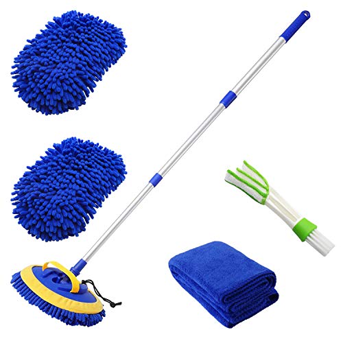 2 in 1 Microfiber Car Wash Mop Mitt with 45" Aluminum Alloy Long Handle,Chenille Car Cleaning Kit Brush Duster with Scratch Free for Washing Car/Truck/RV,2 Mop Head and 1 Towels and Air Vent Duster