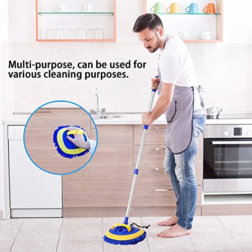 2 in 1 Microfiber Car Wash Mop Mitt with 45" Aluminum Alloy Long Handle,Chenille Car Cleaning Kit Brush Duster with Scratch Free for Washing Car/Truck/RV,2 Mop Head and 1 Towels and Air Vent Duster