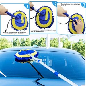 2 in 1 Microfiber Car Wash Mop Mitt with 45" Aluminum Alloy Long Handle,Chenille Car Cleaning Kit Brush Duster with Scratch Free for Washing Car/Truck/RV,2 Mop Head and 1 Towels and Air Vent Duster