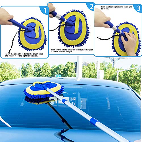 2 in 1 Microfiber Car Wash Mop Mitt with 45" Aluminum Alloy Long Handle,Chenille Car Cleaning Kit Brush Duster with Scratch Free for Washing Car/Truck/RV,2 Mop Head and 1 Towels and Air Vent Duster