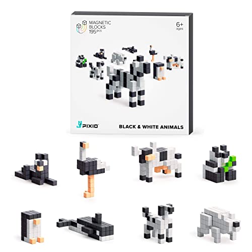 PIXIO Magnetic Building Blocks - Black & White Animals Story Series - Magnetic Blocks Building Toys - Boys Toys Age 6-8 - Magnetic Toys 6-7 Year Old Boys - 195 pcs