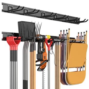 garage tool storage organizers wall mounted with 6 removable hooks and 3 board, super heavy duty powder coated steel garden tool hanger rack for chair, broom, mop, rake shovel & tools