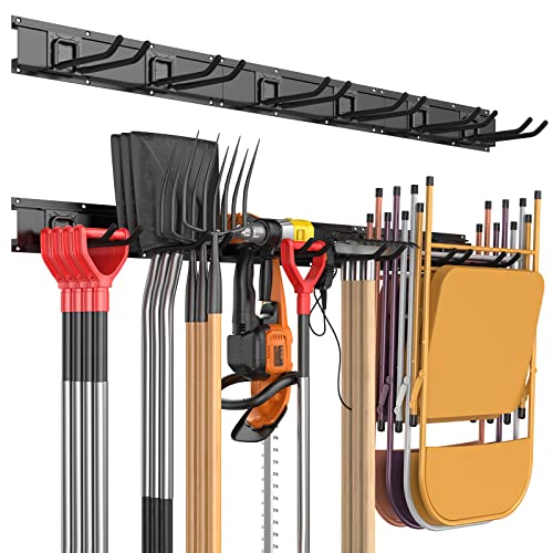 Garage Tool Storage Organizers Wall Mounted with 6 Removable Hooks and 3 Board, Super Heavy Duty Powder Coated Steel Garden Tool Hanger Rack for Chair, Broom, Mop, Rake Shovel & Tools