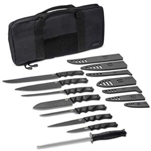 dfackto - premium rugged chefs knife basecamp set with sheaths and case for kitchen and camping, stonewashed high carbon stainless steel knives in tactical travel kit, g10, black cooking bbq utensils