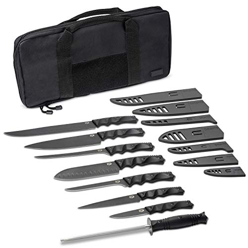 DFACKTO - Premium Rugged Chefs Knife Basecamp Set with Sheaths and Case for Kitchen and Camping, Stonewashed High Carbon Stainless Steel Knives in Tactical Travel Kit, G10, Black Cooking BBQ Utensils