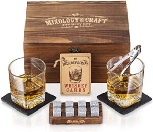mixology whiskey stones gift set for men - pack of 2, 10 oz whiskey glasses w/ 8 granite chilling rocks, 2 coasters, metal tong & cocktail cards in wooden box - square