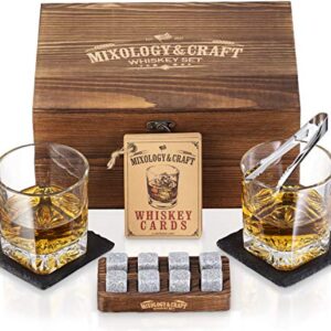 Mixology Whiskey Stones Gift Set for Men - Pack of 2, 10 oz Whiskey Glasses w/ 8 Granite Chilling Rocks, 2 Coasters, Metal Tong & Cocktail Cards in Wooden Box - Square