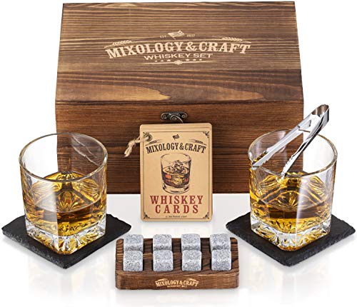 Mixology Whiskey Stones Gift Set for Men - Pack of 2, 10 oz Whiskey Glasses w/ 8 Granite Chilling Rocks, 2 Coasters, Metal Tong & Cocktail Cards in Wooden Box - Square