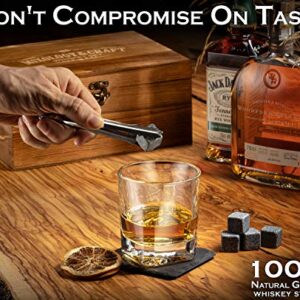 Mixology Whiskey Stones Gift Set for Men - Pack of 2, 10 oz Whiskey Glasses w/ 8 Granite Chilling Rocks, 2 Coasters, Metal Tong & Cocktail Cards in Wooden Box - Square