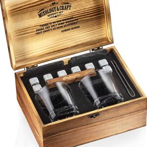 Mixology Whiskey Stones Gift Set for Men - Pack of 2, 10 oz Whiskey Glasses w/ 8 Granite Chilling Rocks, 2 Coasters, Metal Tong & Cocktail Cards in Wooden Box - Square