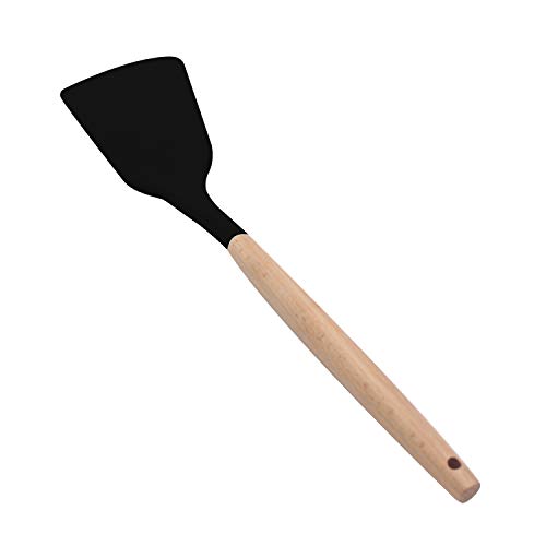 KUFUNG Silicone Spatula Turner, Wooden Handle Flexible & Heat Resistant Rubber Spatulas, Non-stick & Non-scratch Spatula, for Flipping Eggs, Burgers, Pancake, Omelet, Crepes and more(Black)