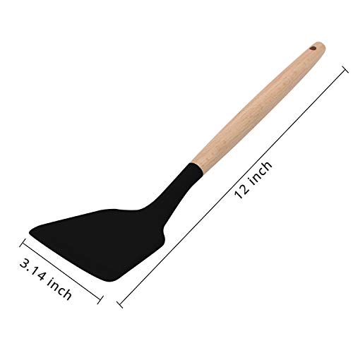 KUFUNG Silicone Spatula Turner, Wooden Handle Flexible & Heat Resistant Rubber Spatulas, Non-stick & Non-scratch Spatula, for Flipping Eggs, Burgers, Pancake, Omelet, Crepes and more(Black)