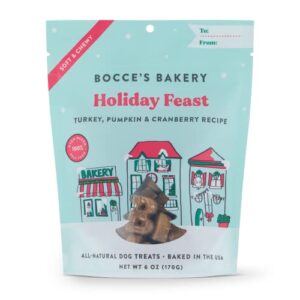 bocce's bakery holiday feast recipe treats for dogs, wheat-free everyday dog treats, made with real ingredients, baked in the usa, all-natural soft & chewy cookies, turkey, pumpkin & cranberry, 6 oz