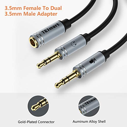 TESmart Headphone Splitter Audio Cable, 3.5mm Female to a Dual Male Headphone/Microphone Y Splitter Audio Adapter for Desktop PC, Laptop with a Combo Audio Port (1-Pack,1FT)