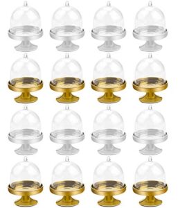 billioteam 16 packs plastic mini cake stand with dome, mini cupcake stand plate with lid, cake stand candy box bulk for wedding, birthday, baby shower, tea party supplies (gold and silver)