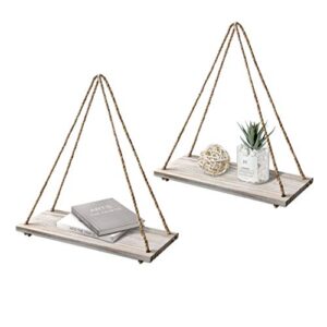 emaison hanging distressed wood floating shelves with swing rope, farmhouse organizer rustic home décor, set of 2 (set of 2, white wash)