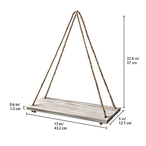 EMAISON Hanging Distressed Wood Floating Shelves with Swing Rope, Farmhouse Organizer Rustic Home Décor, Set of 2 (Set of 2, White Wash)