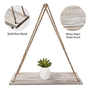 EMAISON Hanging Distressed Wood Floating Shelves with Swing Rope, Farmhouse Organizer Rustic Home Décor, Set of 2 (Set of 2, White Wash)