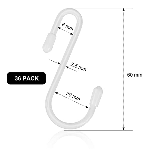 36 Pieces S Shaped Hooks Hanging Small S Hooks Hanger Vinyl Coated Closet S Hooks for Hanging Jeans Coat Towels Plants Jewelry Pot Pan Cups (White,2.4 Inch)