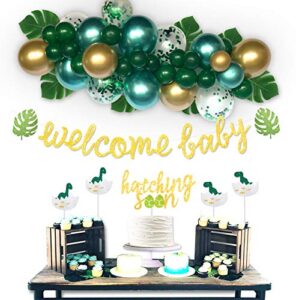 homond dinosaur baby shower decorations for boy, dinosaur balloons garland kit for baby shower, dinosaur party supplies, welcome baby banner, hatching soon cake topper
