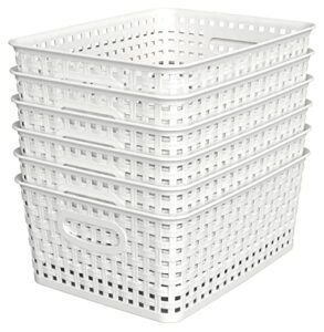 woven plastic storage basket, 6 pack white weave bins organizer, 10.1" x 7.55" x 4.1"
