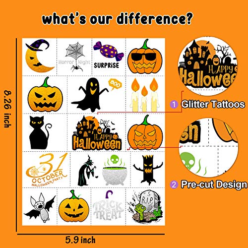 Partywind 36 Styles Metallic Glitter Halloween Temporary Tattoos for Kids, Halloween Decorations Birthday Party Favors Supplies, Halloween Goodie Bag Fillers Games for Boys and Girls (2 Sheets)