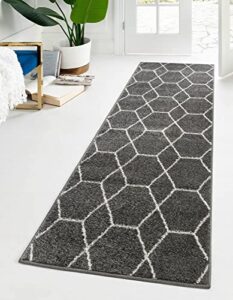 unique loom trellis frieze collection area rug - geometric (2' x 8' 8" runner, dark gray/ ivory)