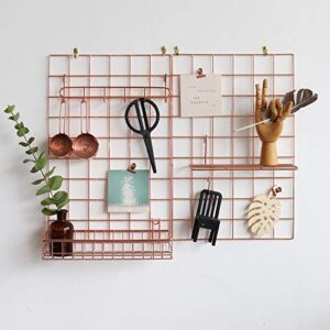 FRIADE Wall Grid Panel for Photo Display,Wall Storage Organizer ,5 Metal Clips & 3 S Hooks & 4 Nails & 4 Plastic Hanging Buckles and 4 Screws Offered,Size 17.5" x 11.8",2 Pack(Rose Gold)