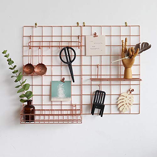 FRIADE Wall Grid Panel for Photo Display,Wall Storage Organizer ,5 Metal Clips & 3 S Hooks & 4 Nails & 4 Plastic Hanging Buckles and 4 Screws Offered,Size 17.5" x 11.8",2 Pack(Rose Gold)