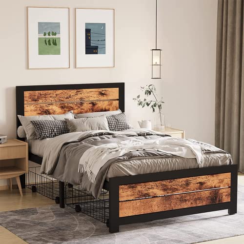 WAYTRIM Twin Size Platform Bed Frame, Twin Bed Frame with Wooden Headboard and Footboard, Mattress Foundation/13 Metal Slat Support/2 Rolling Underbed Cart/No Box Spring Needed- Antique Brown