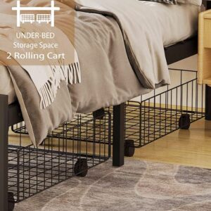 WAYTRIM Twin Size Platform Bed Frame, Twin Bed Frame with Wooden Headboard and Footboard, Mattress Foundation/13 Metal Slat Support/2 Rolling Underbed Cart/No Box Spring Needed- Antique Brown