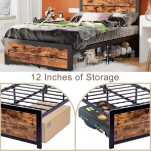 WAYTRIM Twin Size Platform Bed Frame, Twin Bed Frame with Wooden Headboard and Footboard, Mattress Foundation/13 Metal Slat Support/2 Rolling Underbed Cart/No Box Spring Needed- Antique Brown