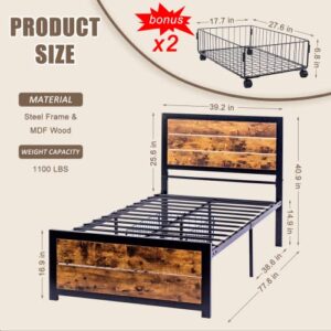 WAYTRIM Twin Size Platform Bed Frame, Twin Bed Frame with Wooden Headboard and Footboard, Mattress Foundation/13 Metal Slat Support/2 Rolling Underbed Cart/No Box Spring Needed- Antique Brown